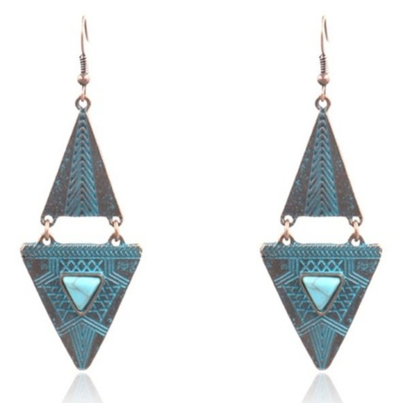 Boho bronze triangle turquoise Dangle Earrings - Picture 3 of 5